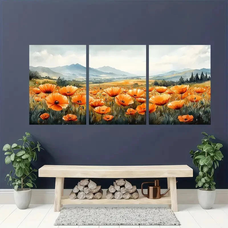 3pcs Orange Poppy Wildflower Watercolor Metal Print Ready to Hang Art