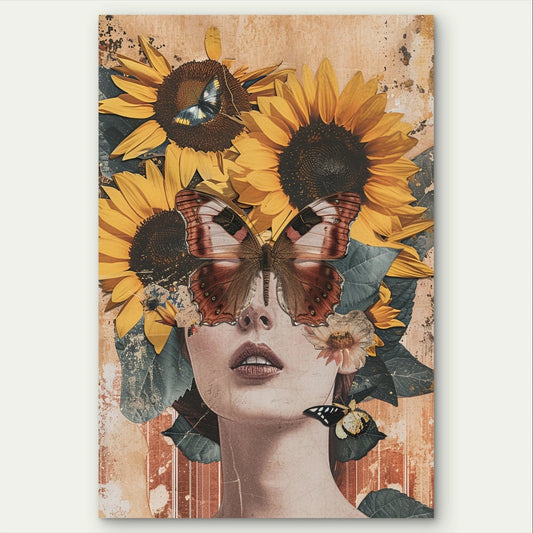 Surreal Woman Portrait with Sunflowers Collage 40x60cm Metal Print Ready to Hang