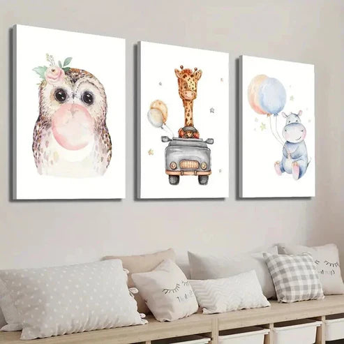 3pcs Cute Owl Car Giraffe and Balloon Hippo Wall Art Set Canvas Unframed - High Quality Print 100% Australian Made Wall Canvas
