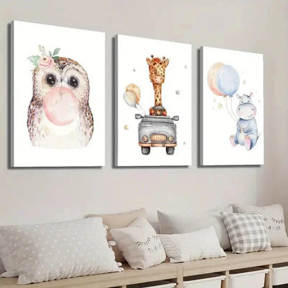 3pcs Cute Owl Car Giraffe and Balloon Hippo Wall Art Set Canvas Unframed - High Quality Print 100% Australian Made Wall Canvas