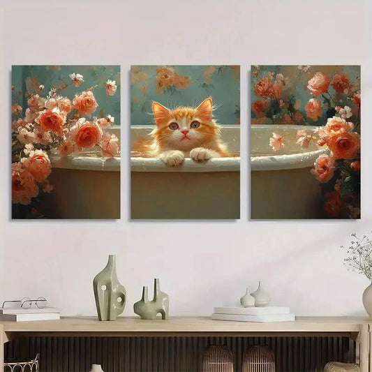 3pcs Cute Orange Cat in Bathtub Vibrant Floral Metal Print Ready to Hang Art
