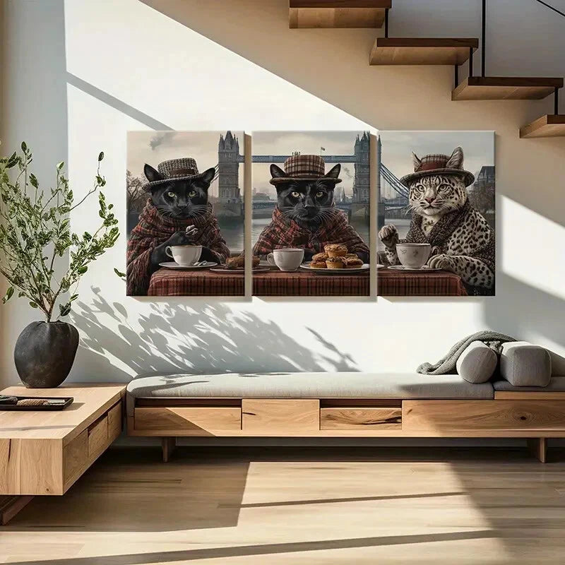 3pcs Fashionable Cats with London Bridge Metal Print Ready to Hang Art