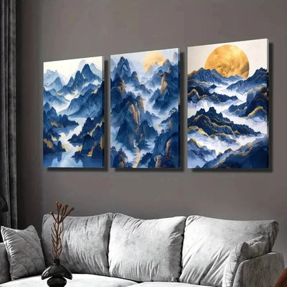 3pcs Mountains River and Golden Moon Wall Art Set Canvas Framed 40x60cm - High Quality Print 100% Australian Made Wall Canvas Ready to Hang