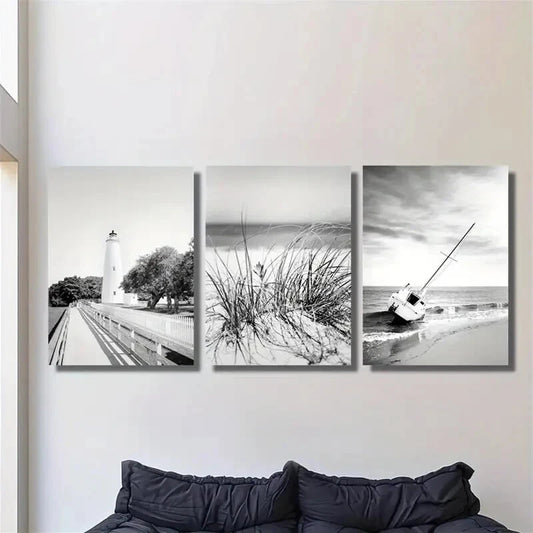 3pcs Nautical Art Black and White Coastal Metal Print Ready to Hang Art