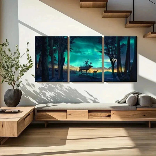 3pcs Modern Aurora Countryside Elk Deer Wall Art Set Canvas Framed 40x60cm - High Quality Print 100% Australian Made Wall Canvas Ready to Hang