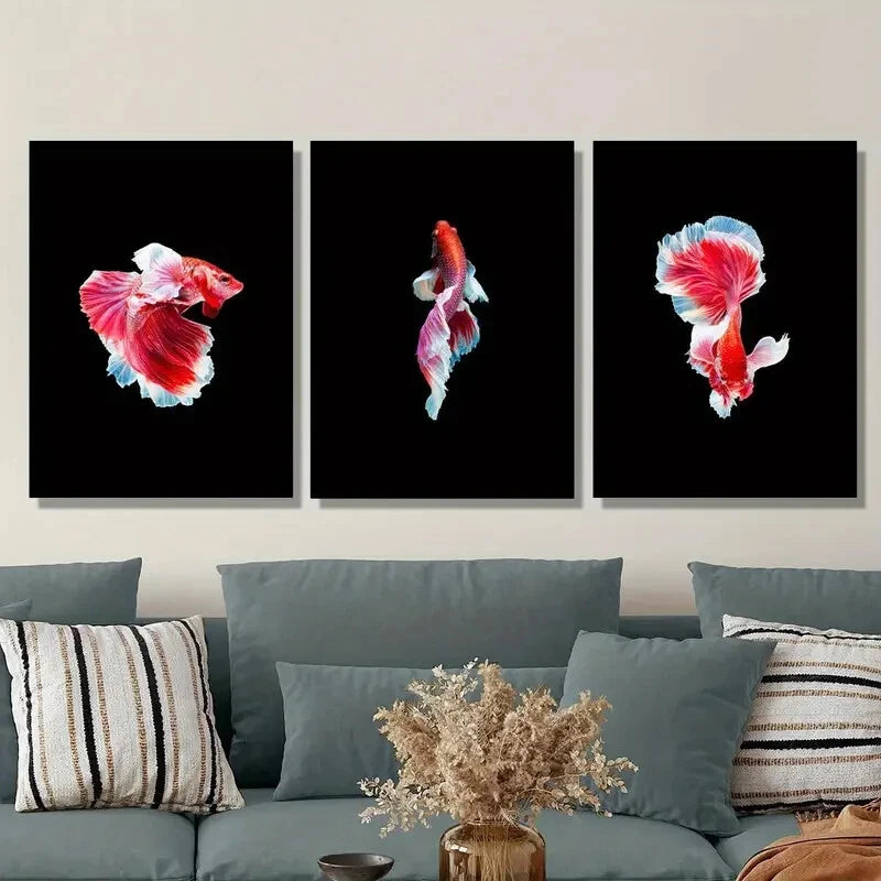 3pcs Thai Fighting Fish Photography, Red Fish Metal Print Ready to Hang Art