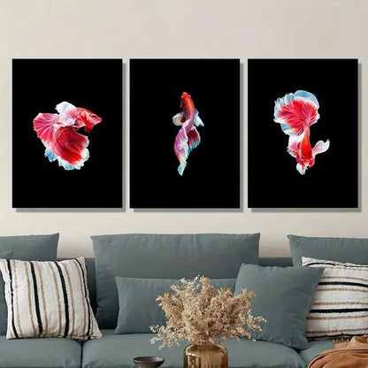 3pcs Thai Fighting Fish Photography, Red Fish Metal Print Ready to Hang Art