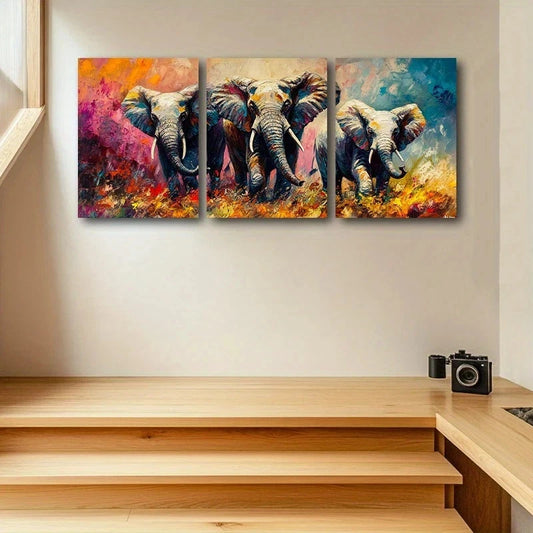 3pcs Elephant Family Animal Themed Metal Print Ready to Hang Art