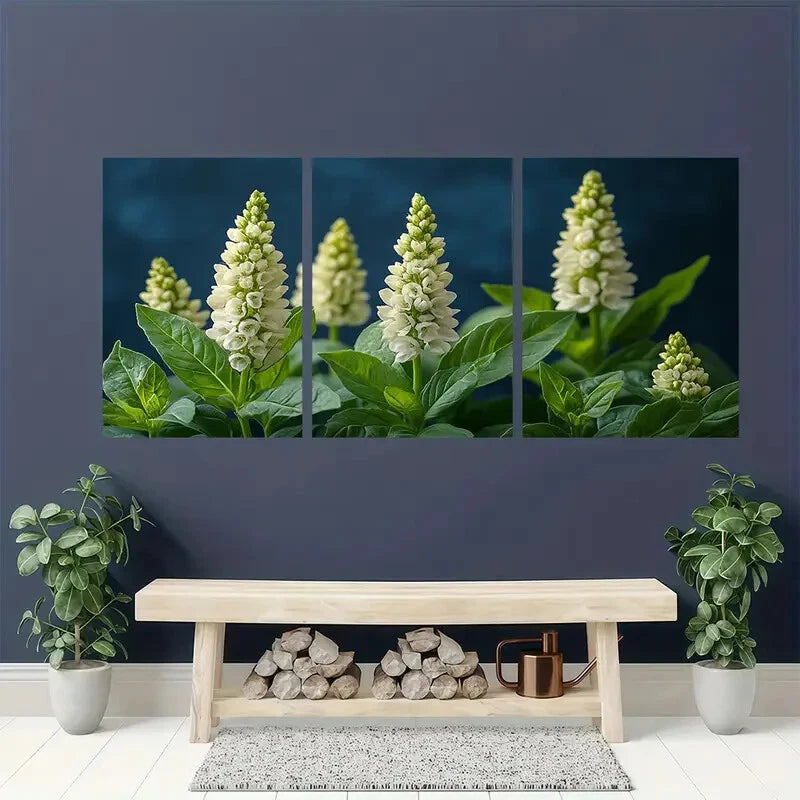 3pcs White Basil Flower Elegant Floral Spires Art Metal Print Ready to Hang Art