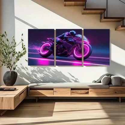3pcs Cyberpunk Motorcycle Neon Pink & Purple Wall Art Set Canvas Framed 40x60cm - High Quality Print 100% Australian Made Wall Canvas Ready to Hang