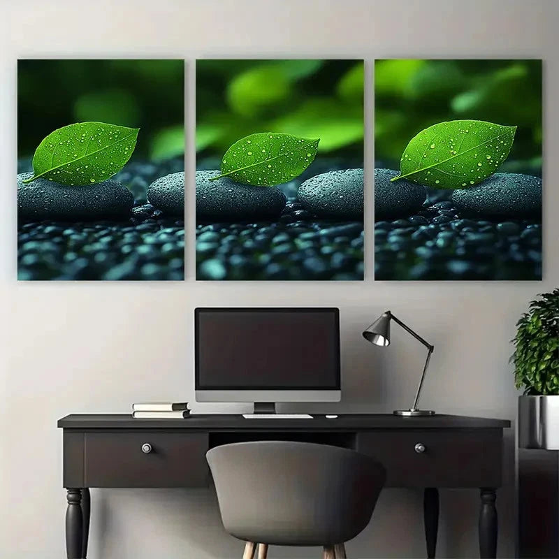 3pcs Tranquil Green Leaves and Zen Stones Spa Metal Print Ready to Hang Art