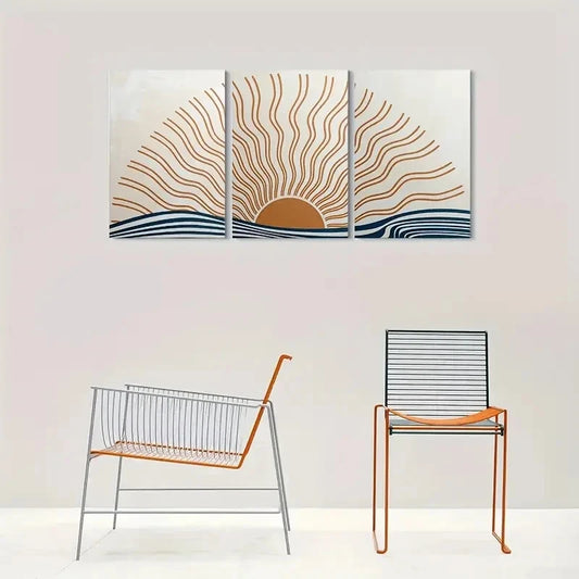 3pcs Modern Abstract Wave Beige & Cool Blue Metal Print Ready to Hang Art