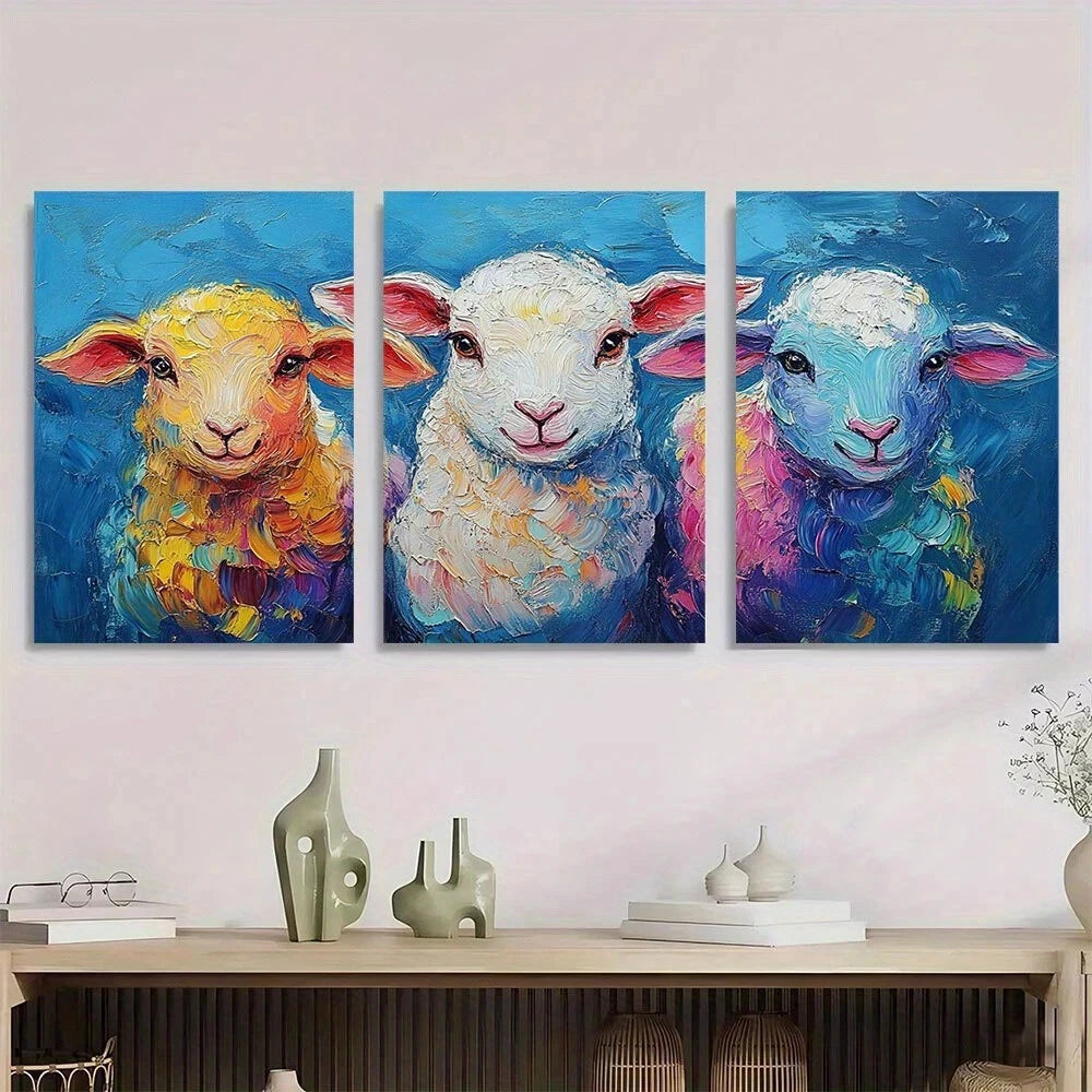 3pcs Colourful Animal Themed Sheep Metal Print Ready to Hang Art