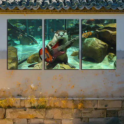 3pcs Otter Playing Guitar with Fish Metal Print Ready to Hang Art