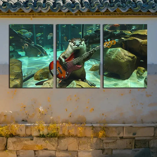 3pcs Otter Playing Guitar with Fish Metal Print Ready to Hang Art