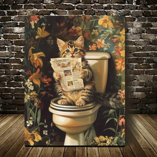 Style Playful Kitten Reading Newspaper Painting 40x60cm Metal Print Ready to Hang