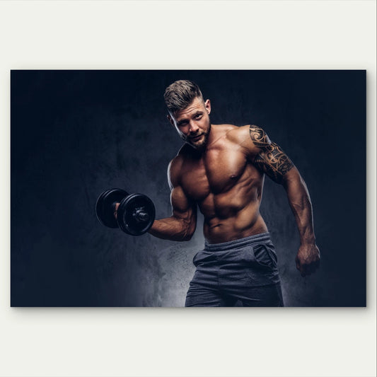 Athletic Tattooed Man Dumbbell Curls 5mm Plastic Poster Ready to Hang 90x60cm