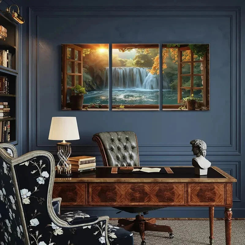 3pcs Waterfall Sunlight Autumn Trees Natural Metal Print Ready to Hang Art