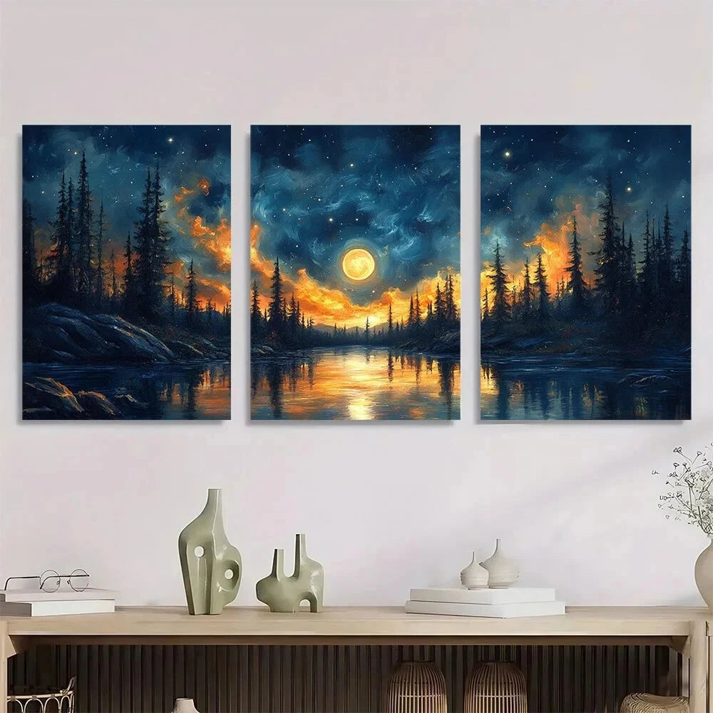 3pcs Night Moonlit Palm Trees Full Moon Metal Print Ready to Hang Art