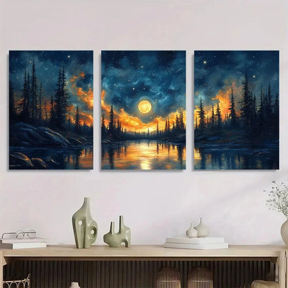 3pcs Night Moonlit Palm Trees Full Moon Metal Print Ready to Hang Art