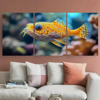 3pcs Vibrant Yellow Spotted Pufferfish Marine Life Metal Print Ready to Hang Art