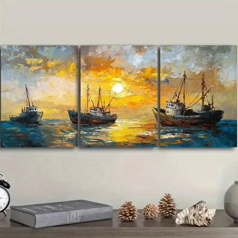 3pcs Vibrant Sunset Boats Scene Decor Wall Art Set Canvas Framed 40x60cm - High Quality Print 100% Australian Made Wall Canvas Ready to Hang