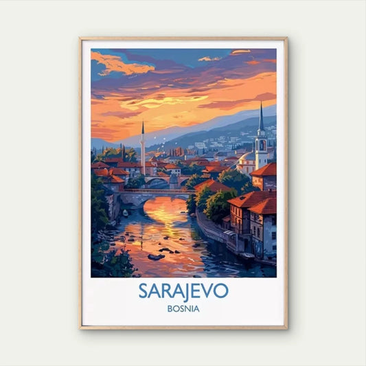 Sarajevo Bosnia Iconic Sunset Cityscape Travel Poster Print Wall Art