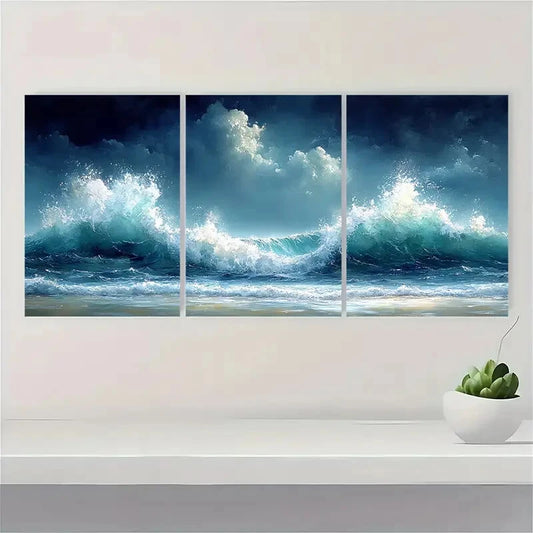 3pcs Stormy Ocean Seascape Watercolor Waves Metal Print Ready to Hang Art