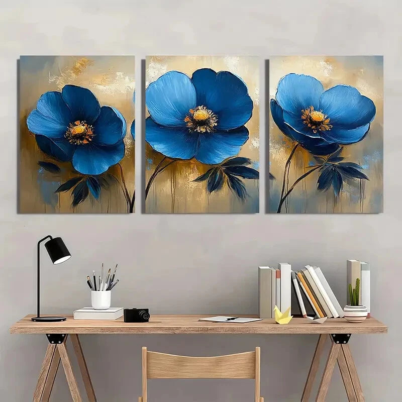 3pcs Abstract Blue Floral Flower Oil Painting Metal Print Ready to Hang Art