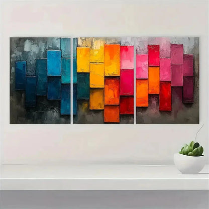 3pcs Minimalist Colorful Block Oil Painting Metal Print Ready to Hang Art