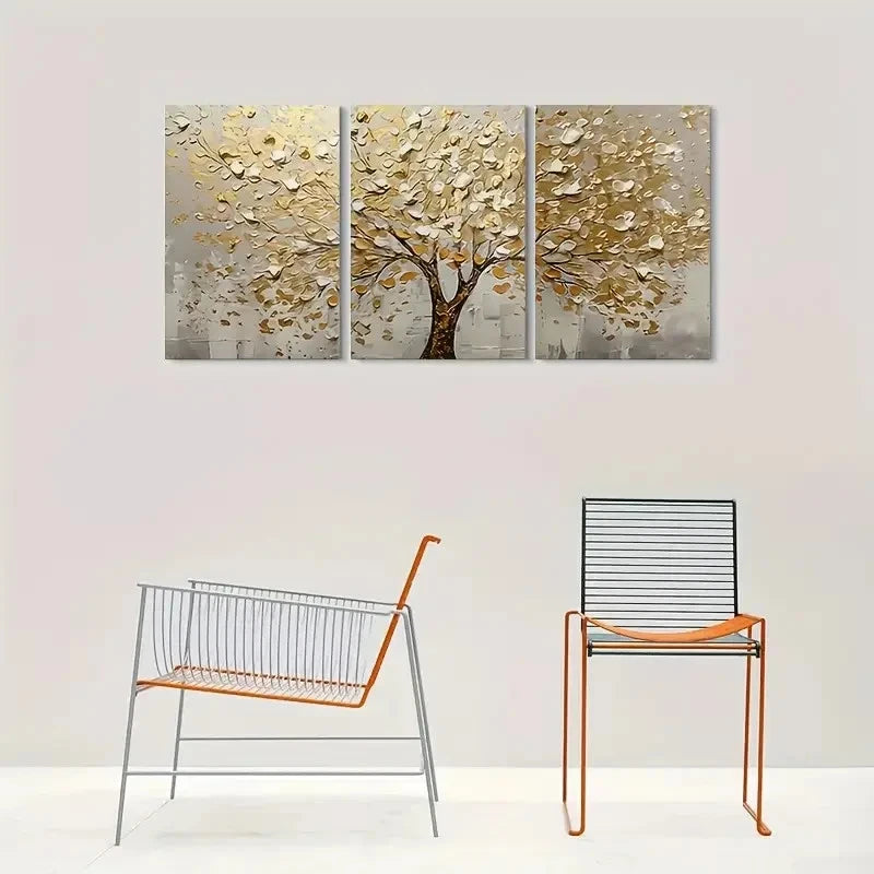 3pcs Abstract Tree Golden Leaf Painting Metal Print Ready to Hang Art
