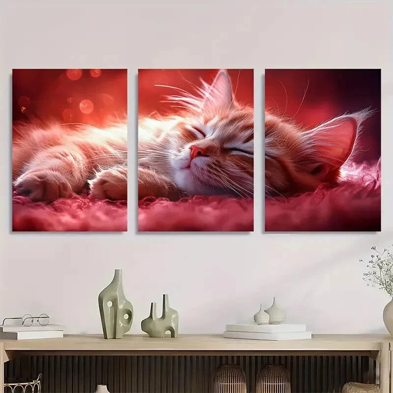 3pcs Charming Pink Cat Painting Metal Print Ready to Hang Art