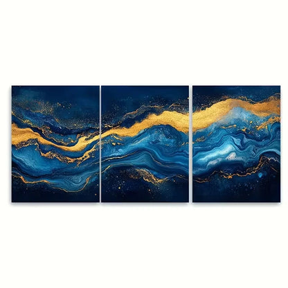 3pcs Ocean Inspired Blue Golden Marbleled Metal Print Ready to Hang Art