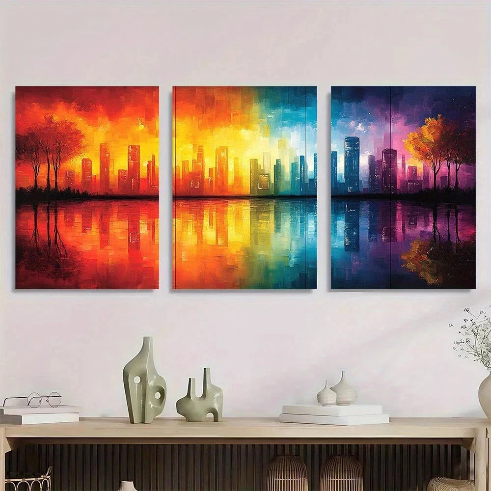 3pcs Colorful Grid Fashionable Red Yellow Metal Print Ready to Hang Art