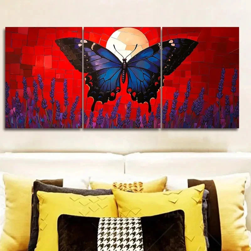 3pcs Blue Butterfly Over Lavender At Sunset Art Wall Art Set Canvas Framed 50x70cm - High Quality Print 100% Australian Made Wall Canvas Ready to Hang