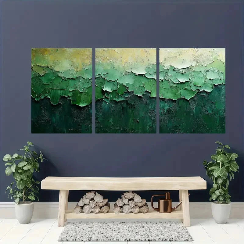 3pcs Green and Gray Abstract Wall Paintings Metal Print Ready to Hang Art