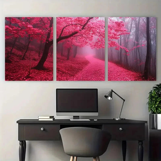 3pcs Enchanting Forest Pink and Red Misty Scene Wall Art Set Canvas Framed 40x60cm - High Quality Print 100% Australian Made Wall Canvas Ready to Hang