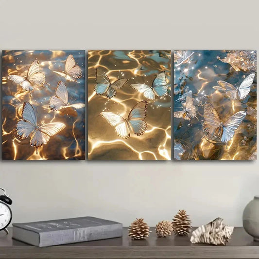 3pcs Butterflies on Golden Water Metal Print Ready to Hang Art