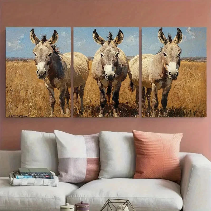 3pcs Donkey Ranch Animals Farmhouse Impasto Design Metal Print Ready to Hang Art