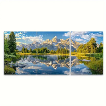 3pcs Grand Teton Reflection Mountain & Lake View Wall Art Set Canvas Framed 50x70cm - High Quality Print 100% Australian Made Wall Canvas Ready to Hang
