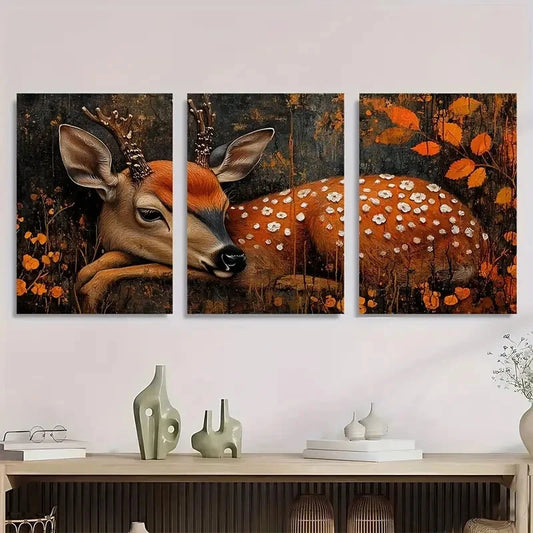 3pcs Deer Painting with Orange Floral Patterns Metal Print Ready to Hang Art