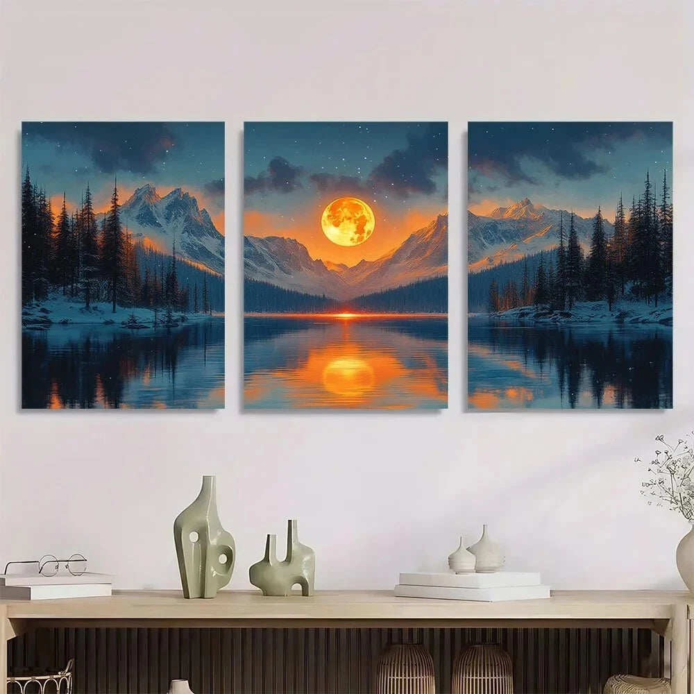 3pcs Snow Capped Mountain at Night Metal Print Ready to Hang Art