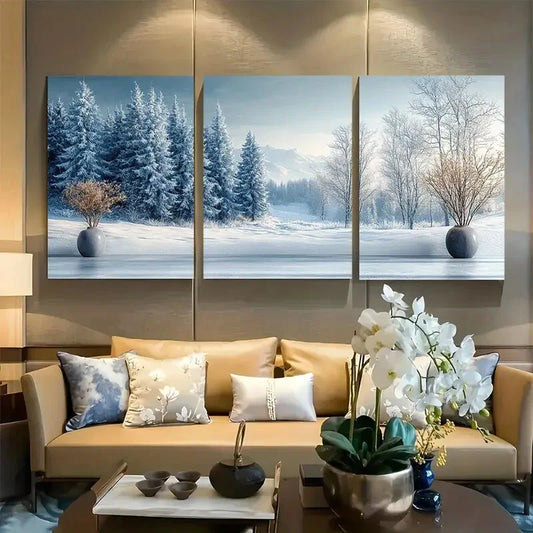 3pcs Snowy Forest Landscape with Pine Trees Metal Print Ready to Hang Art