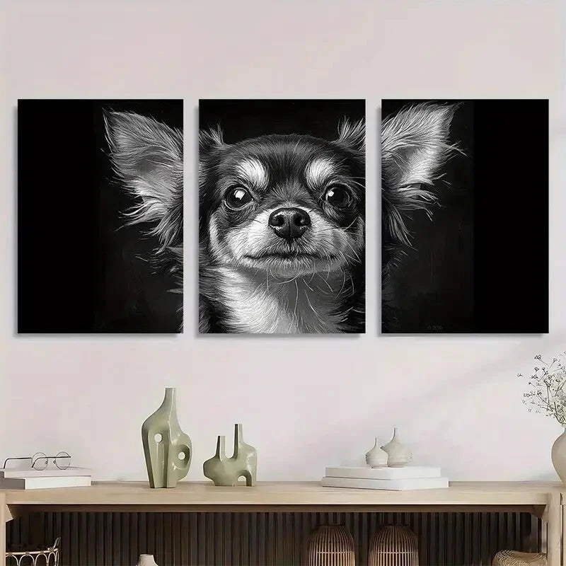 3pcs Chihuahua Black and White Dog Metal Print Ready to Hang Art