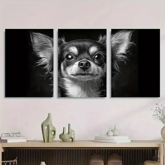 3pcs Chihuahua Black and White Dog Metal Print Ready to Hang Art