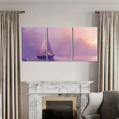 3pcs Sailing Boat Seagulls Sunset Ocean Metal Print Ready to Hang Art