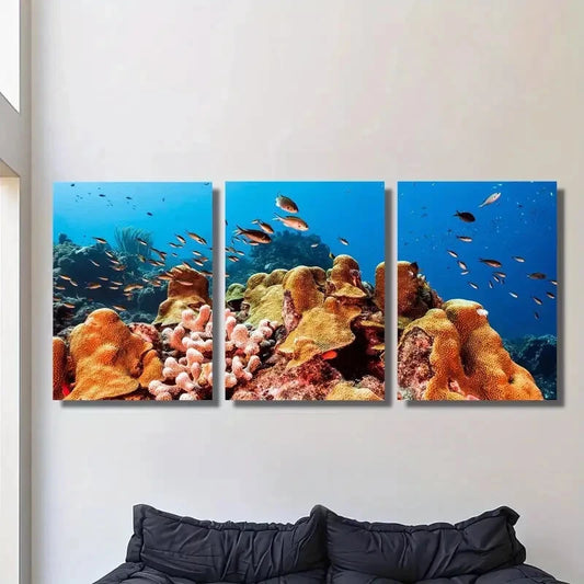 3pcs Vibrant Marine Life &amp; Colorful Coral Reefs, Metal Print Ready to Hang Art