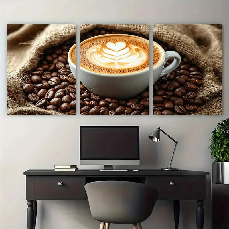 3pcs Latte on Coffee Sack Surrounded by Beans Metal Print Ready to Hang Art