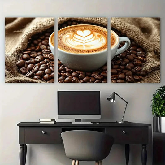 3pcs Latte on Coffee Sack Surrounded by Beans Metal Print Ready to Hang Art