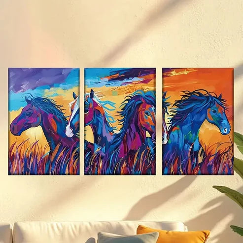 3pcs Colorful Abstract Horse Herd on Grassland Wall Art Set Canvas Unframed – High Quality Print 100% Australian Made Wall Canvas